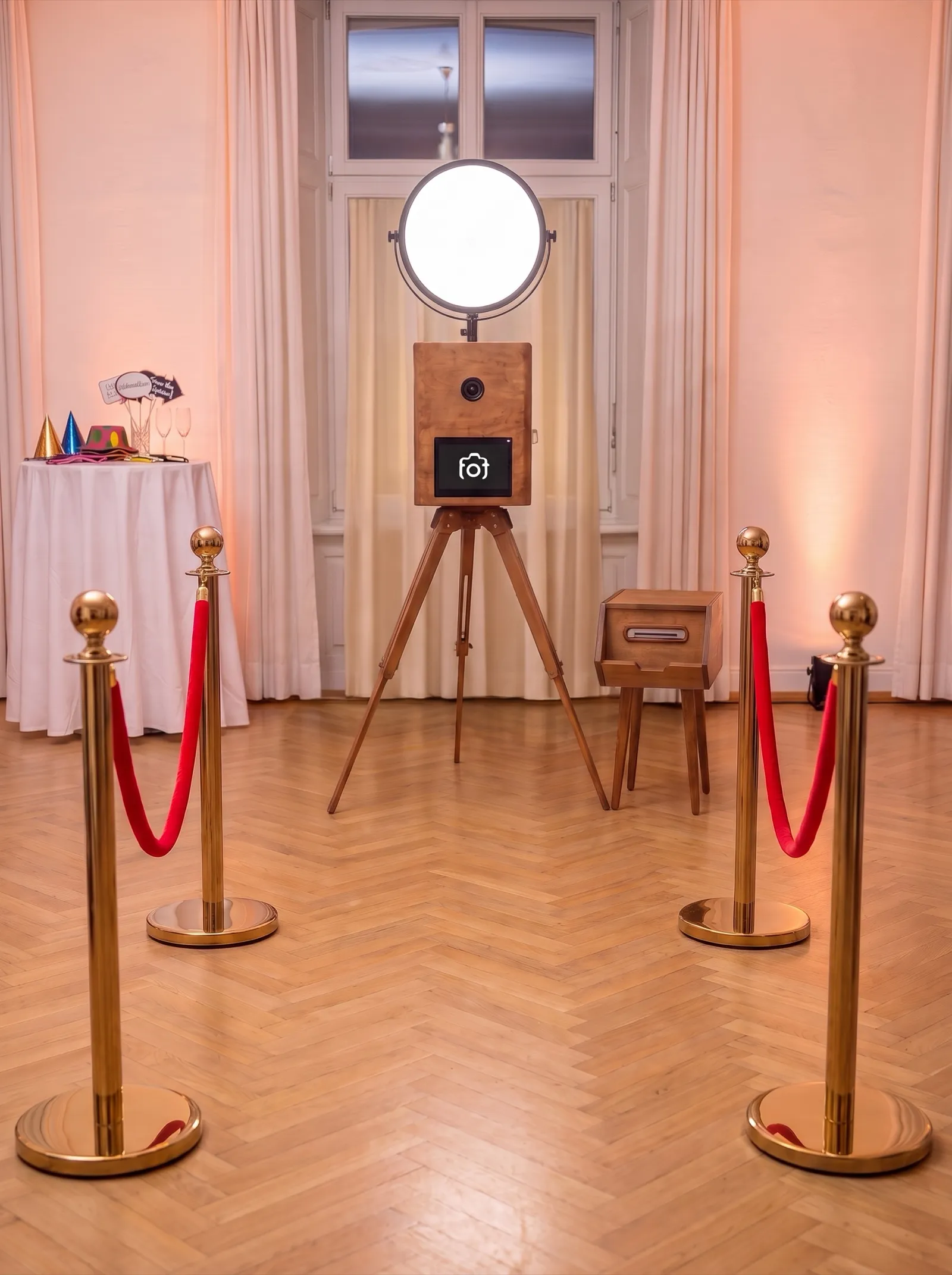 Goldene Absperrständer mit roten Samtkordeln bilden eine Gasse zur Fotobox