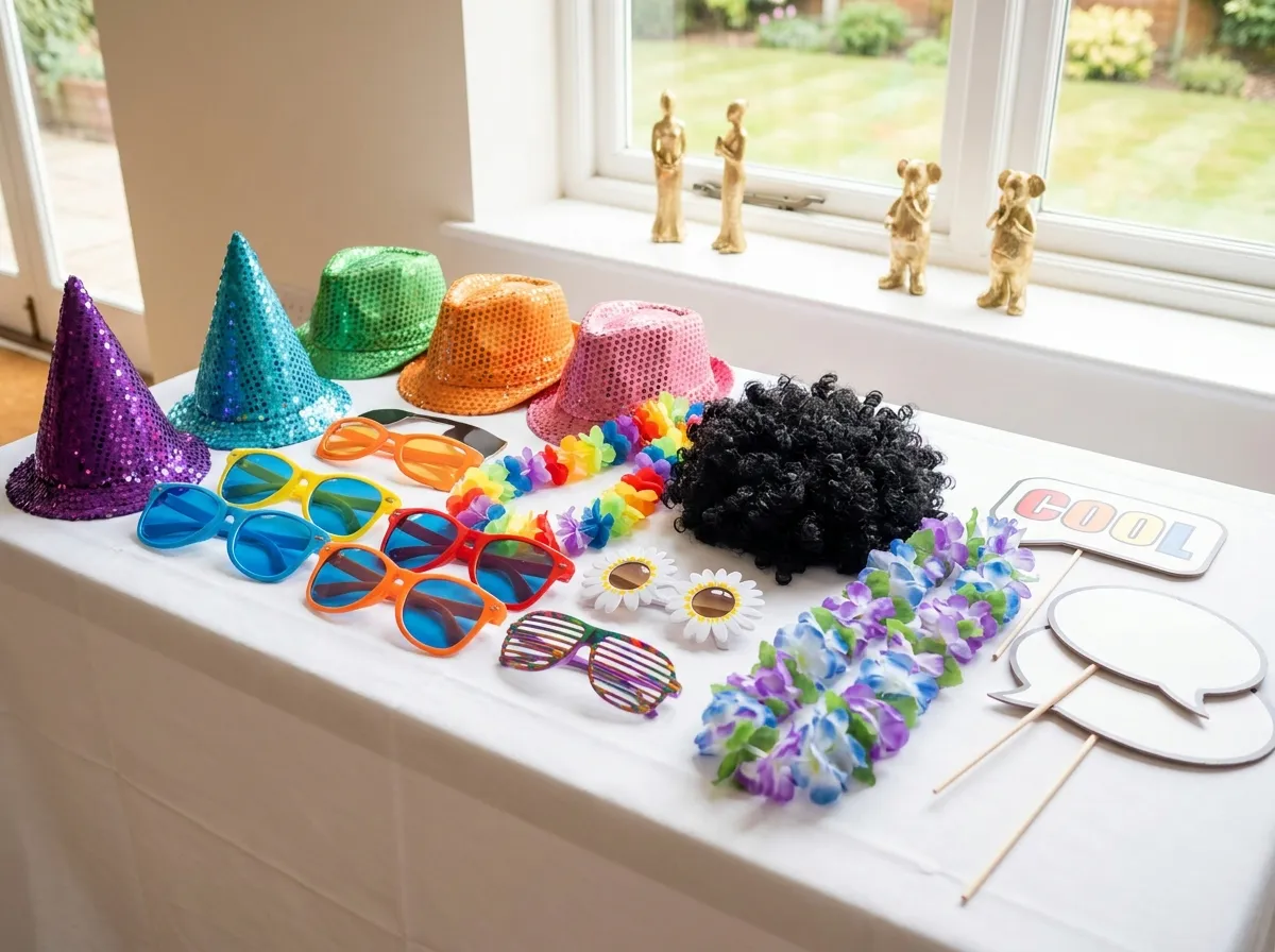 Tisch mit Partyhüten, Brillen, Blumenketten und Sprechblasen