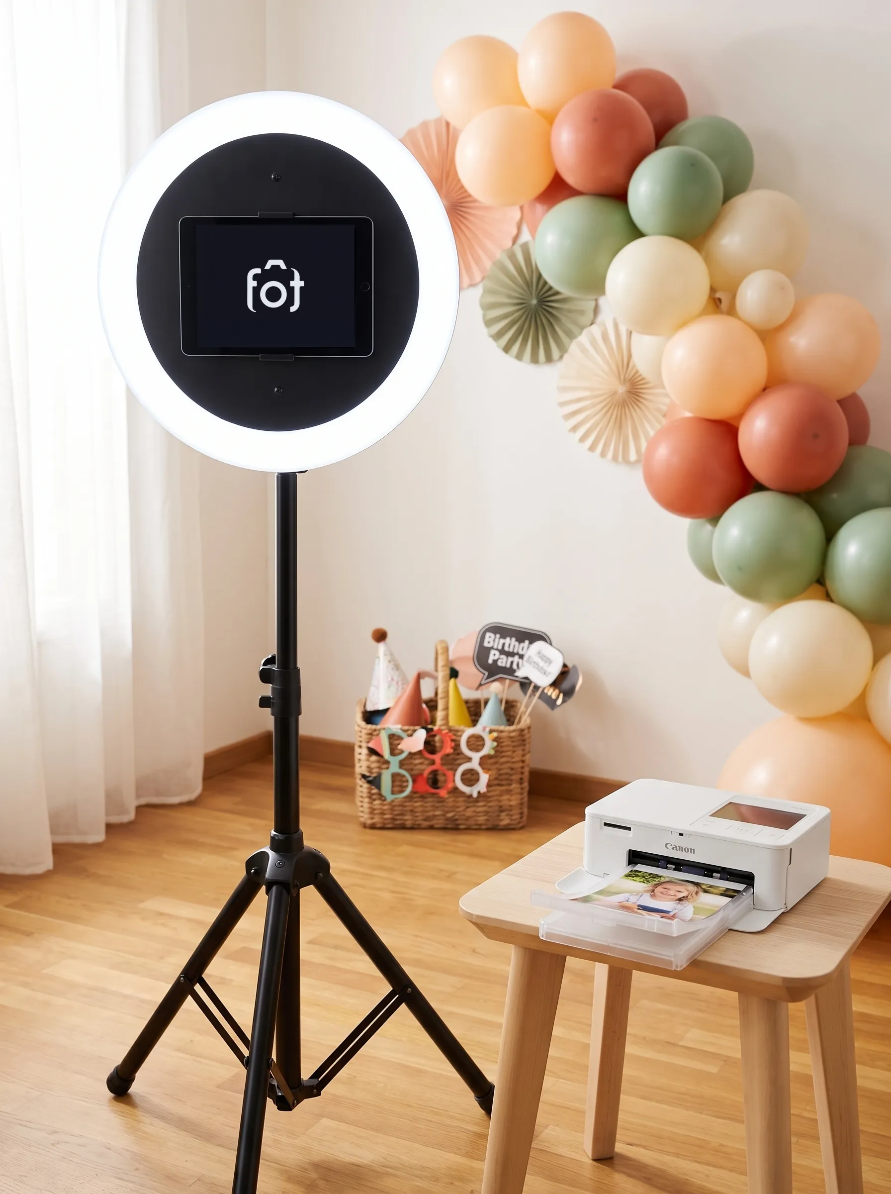 Fotobox Lite mit Drucker vor einer Ballongirlande