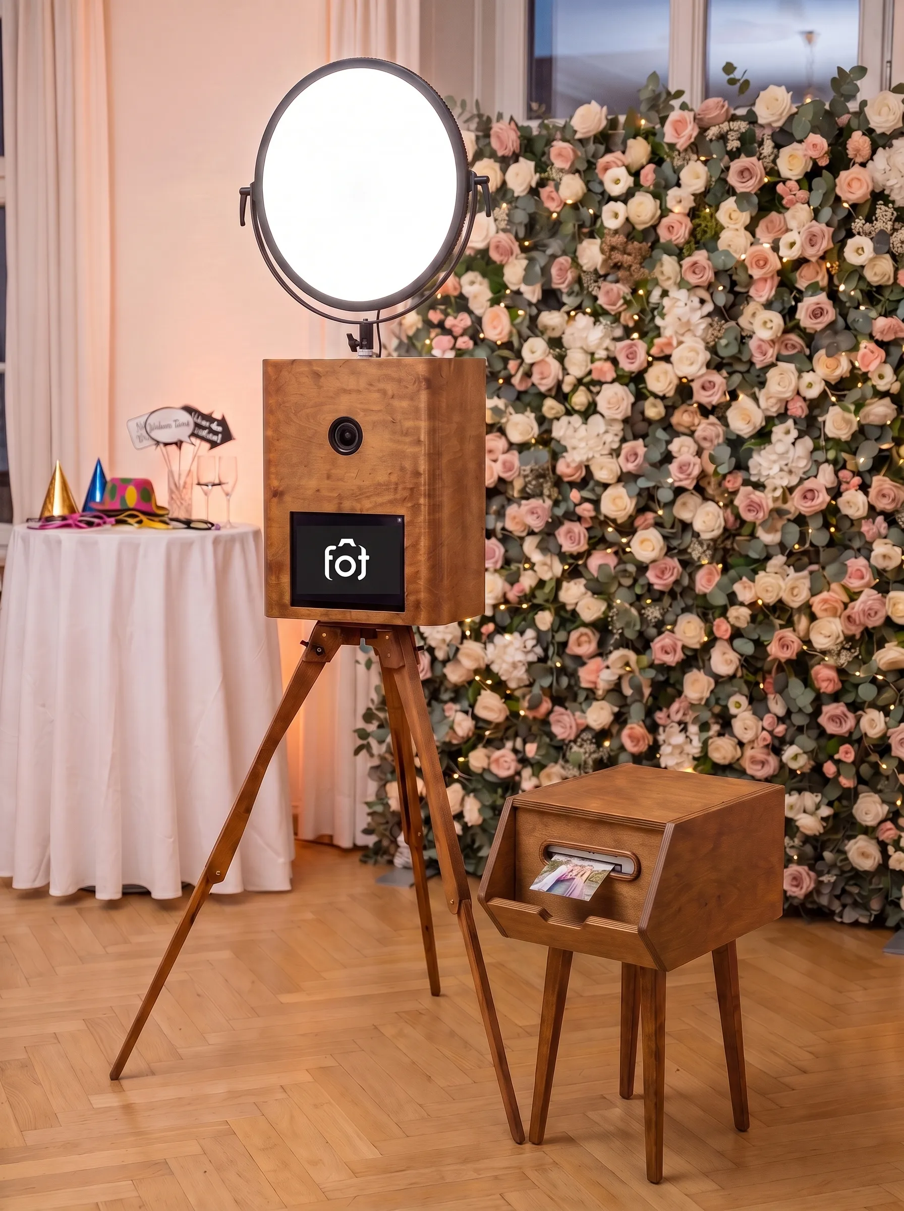 Fotobox Pro vor einer Blumenwand an einer Hochzeit