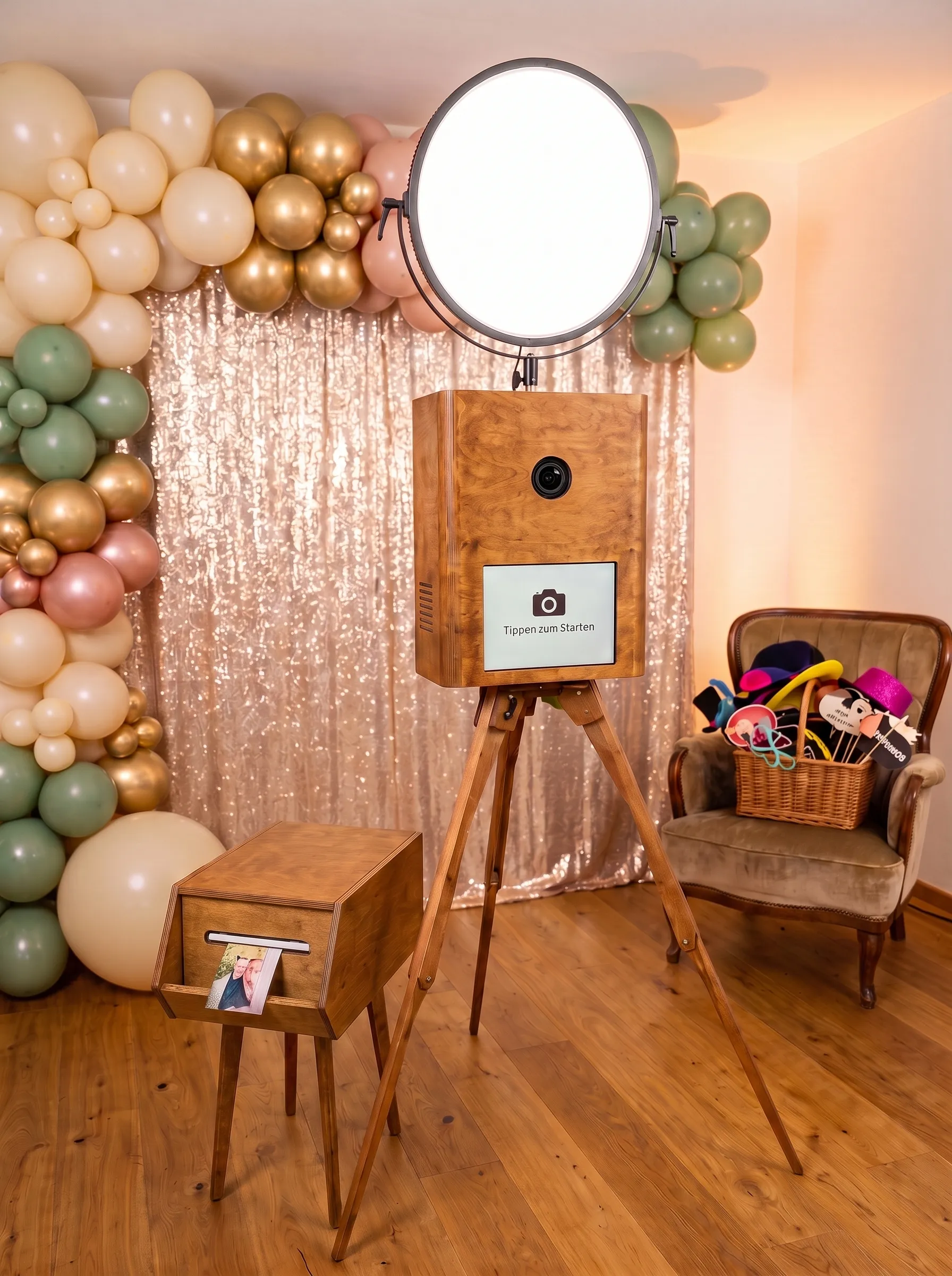 Fotobox Pro in einer Fotoecke mit Glitzerwand und Ballongirlande
